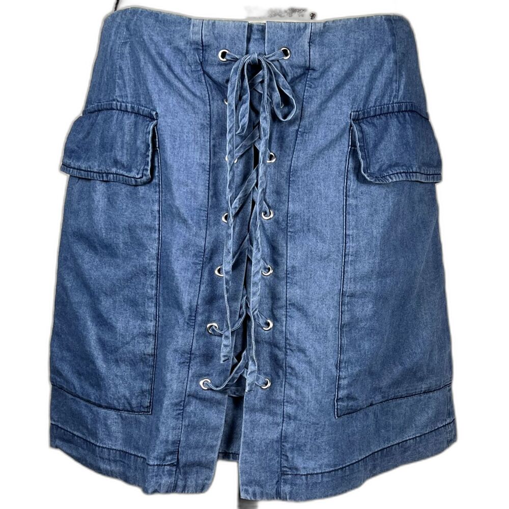 Dainty Hooligan Sz L Short Lace-Up Light Denim Skirt with Pockets